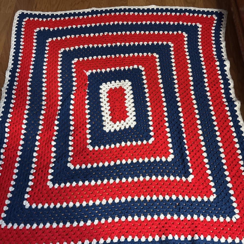 Vintage Afghan Crotchet Squared Granny Blanket Red Blue White  54 X 58"